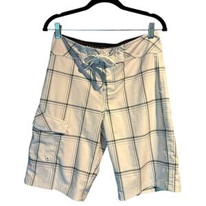 Mossimo Size 30 Board Shorts White Blue Plaid Pockets Vacation Cruise